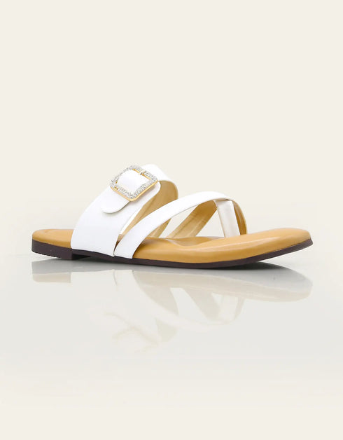 White Stravia criss-cross flats with jeweled buckle